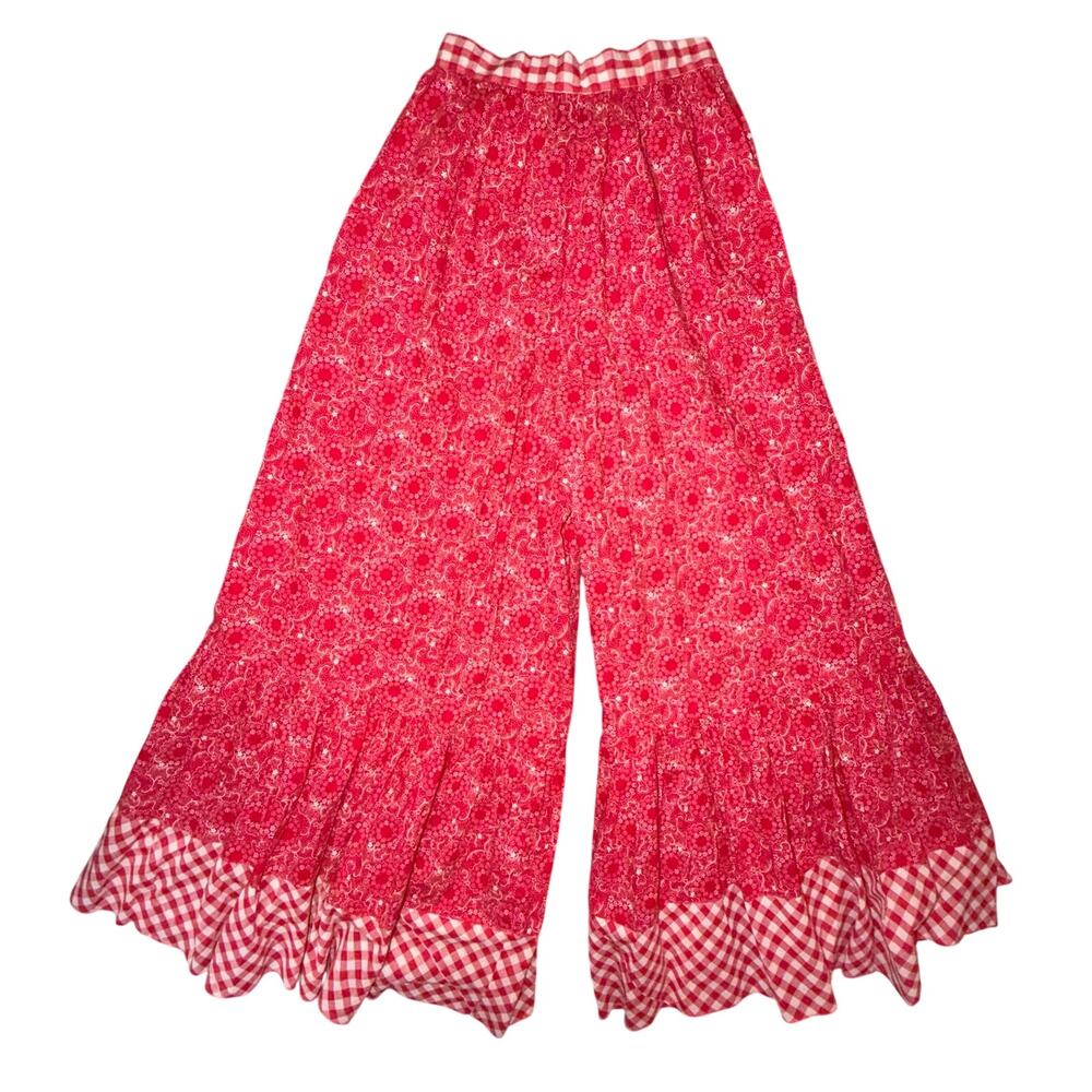 Red Patterned Ruffled Crop Pants with Gingham Trim - Picture 3 of 8